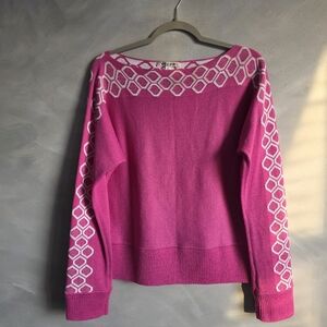 St. John Pink And White Boat Neck Knit Long Sleeve Bateau Sz L Top Geometric